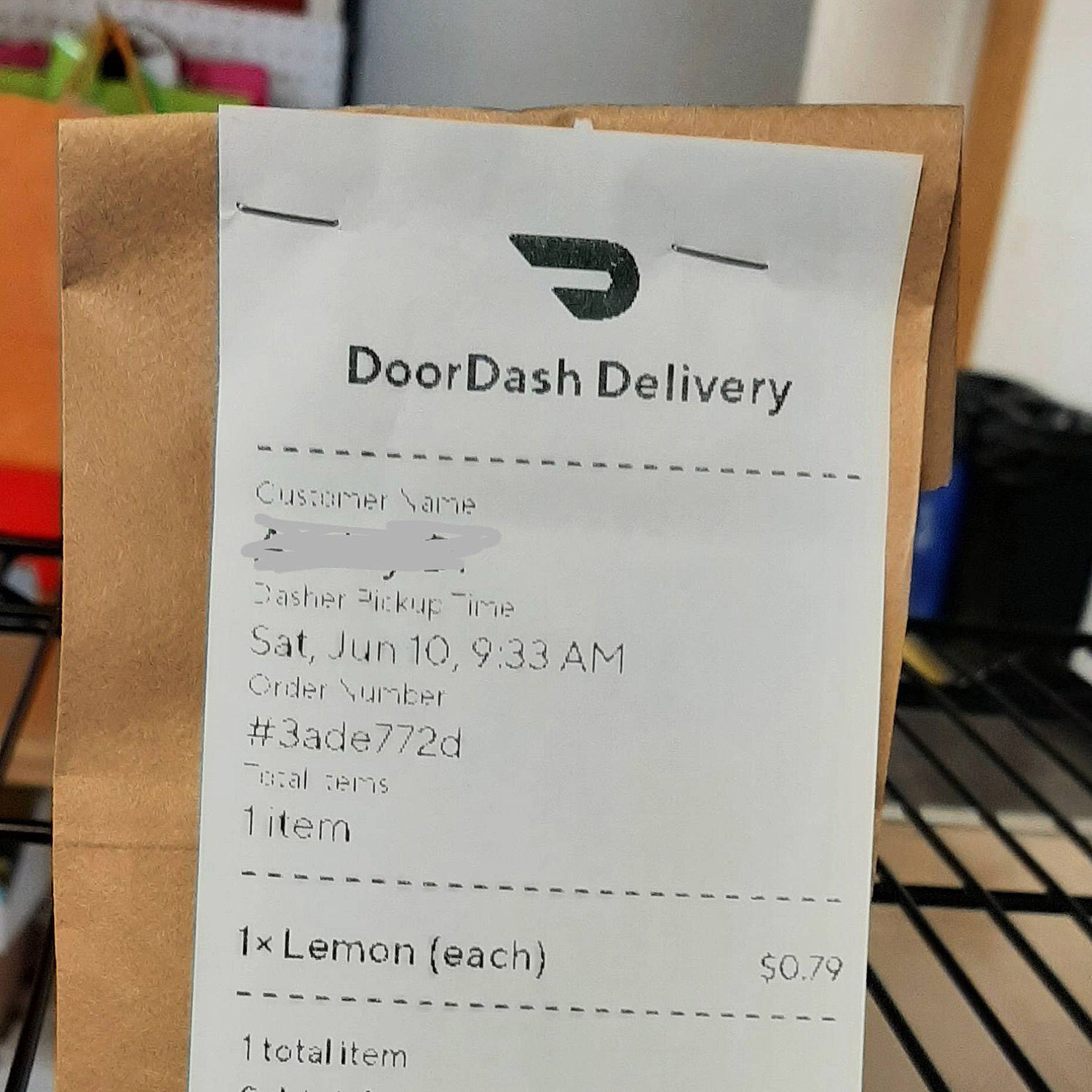 Doordash order with receipt saying "DoorDash Delivery Customer Lame asher INTe Sat, Jun 10, 9:33 AM Order Sumber #3ade772d Ical SPITS 1 item 1× Lemon (each) 50.79"