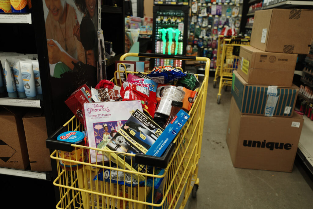 filled shopping cart in dollar general