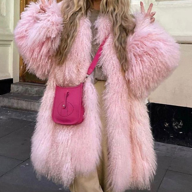 pink faux fur coat