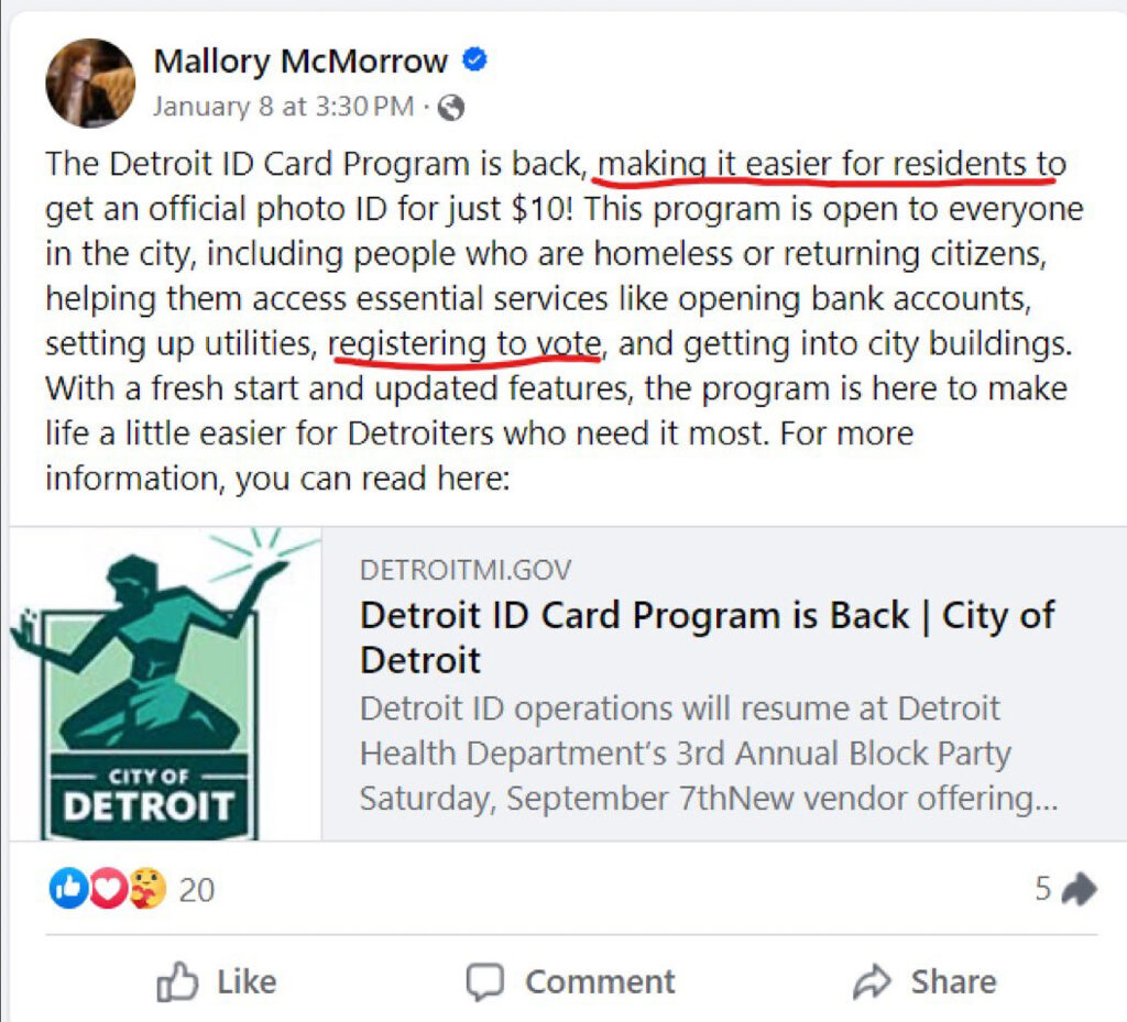 Screenshot reading "Mallory McMorrow
January 8 at 3:30 PM •
The Detroit ID Card Program is back, making it easier for residents to get an official photo ID for just $10! This program is open to everyone in the city, including people who are homeless or returning citizens, helping them access essential services like opening bank accounts, setting up utilities, registering to vote, and getting into city buildings.
With a fresh start and updated features, the program is here to make life a little easier for Detroiters who need it most. For more information, you can read here:
DETROITMI.GOV
Detroit ID Card Program is Back | City of
Detroit
Detroit ID operations will resume at Detroit Health Department's 3rd Annual Block Party Saturday, September 7thNew vendor offering..."