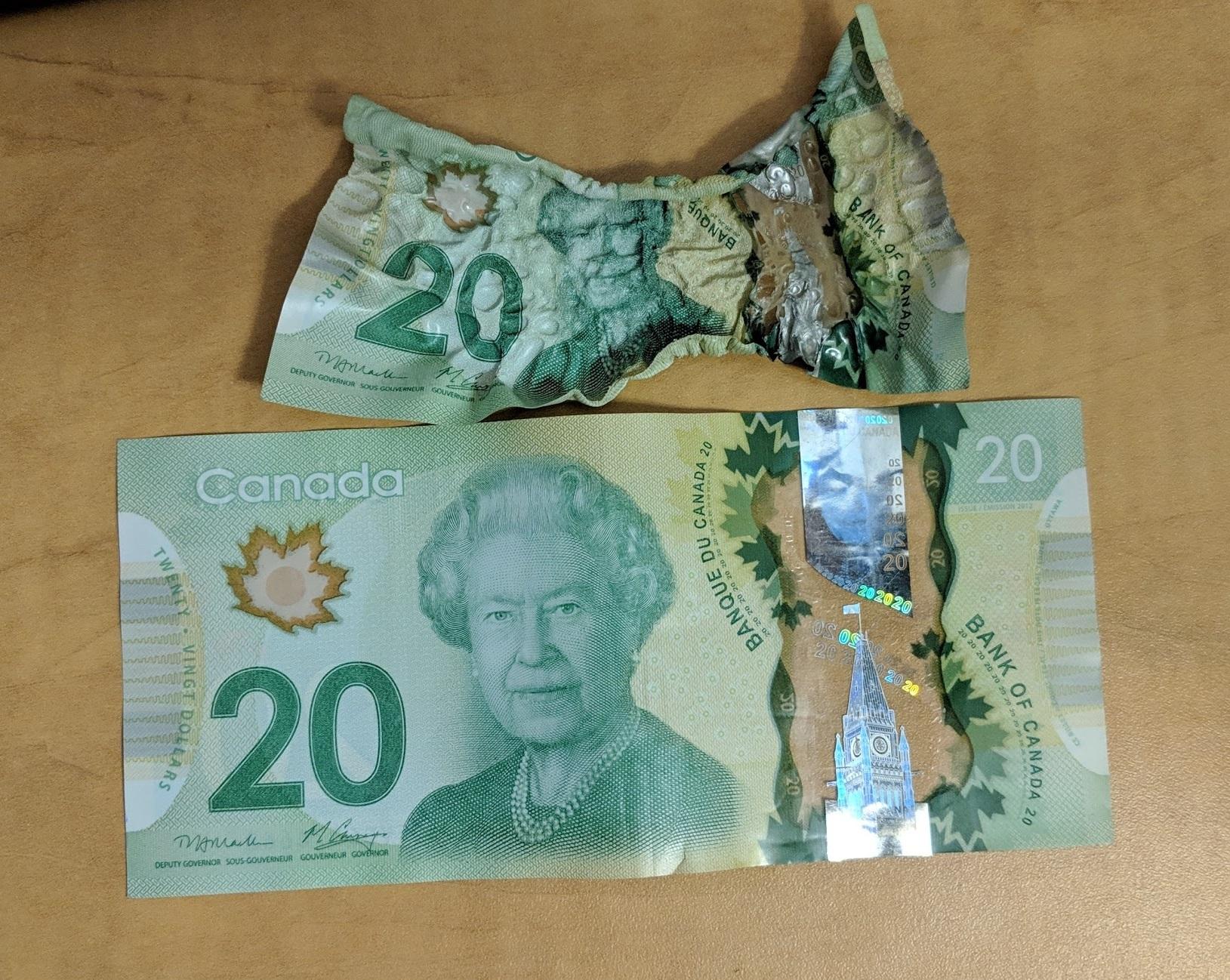 heat melted canadian 20 dollar bill