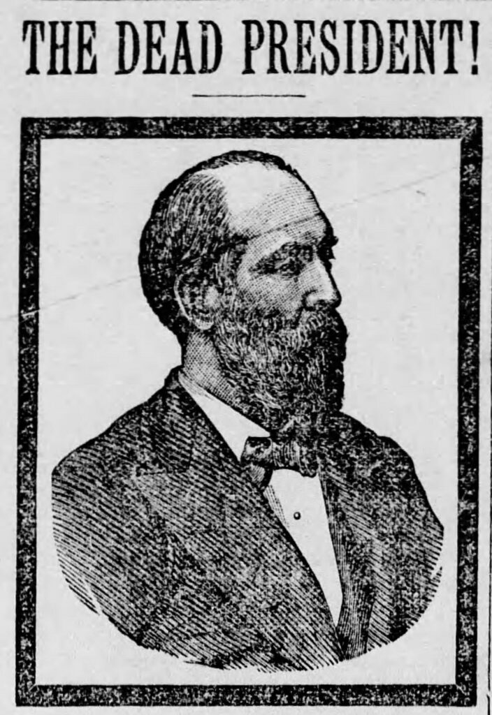 Headline reading "Dead President" with illustration of President Garfield