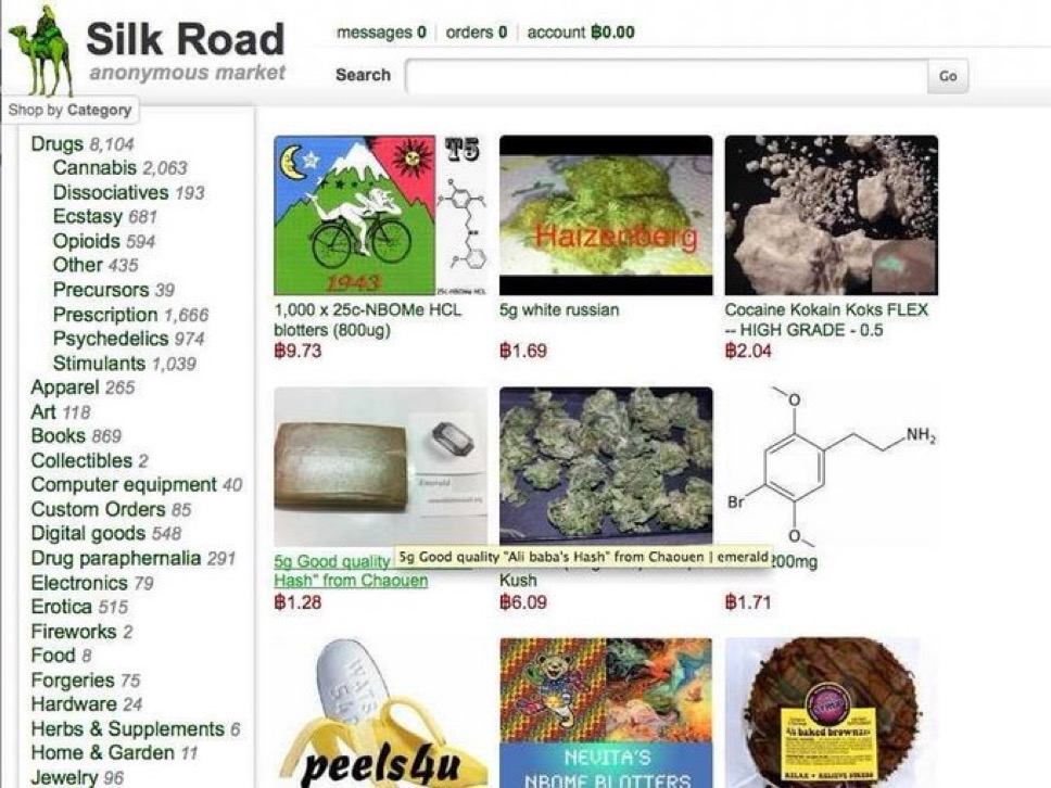 screenshot of silk road marketplace with list of items reading "Silk Road
anonymous market
Shop by Category
Drugs 8,104
Cannabis 2,063
Dissociatives 193
Ecstasy 681
Opioids 594
Other 435
Precursors 39
Prescription 1,666
Psychedelics 974
Stimulants 1,039
Apparel 265
Art 118
Books 869
Collectibles 2
Computer equipment 40
Custom Orders 85
Digital goods 548
Drug paraphernalia 291
Electronics 79
Erotica 515
Fireworks 2
Food 8
Forgeries 75
Hardware 24
Herbs & Supplements 6
Home & Garden 11
Jewelry 96
messages 0
Search
orders O
account B0.00
Go
Haizenberg
19-43
1,000 x 25c-NBOMe HCL
blotters (800ug)
$9.73
5g white russian
B1.69
Cocaine Kokain Koks FLEX
- HIGH GRADE - 0.5
B2.04
Br
5g Good quality
5g Good quality "All baba's Hash" from Chaouen I emerald 200mg
Hash" from Chaouen
$1.28
Kush
B6.09
B1.71
peels4u
NEUTA'S"