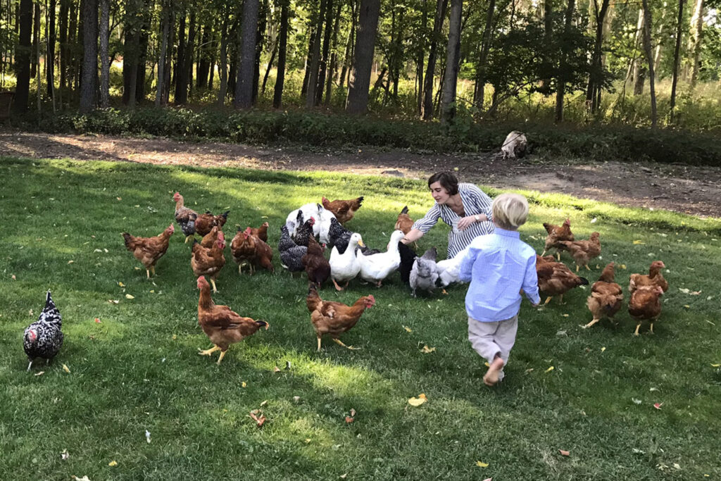 mother and toddler feeding chickens