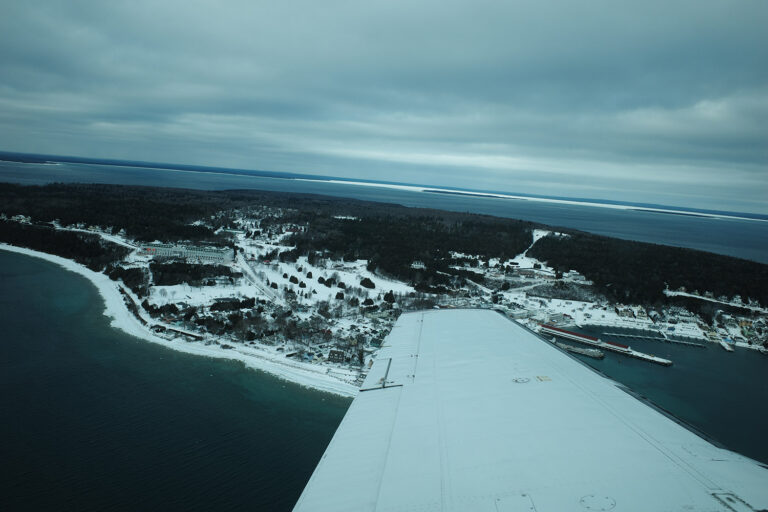 View from plane of winter in Mackinac Island