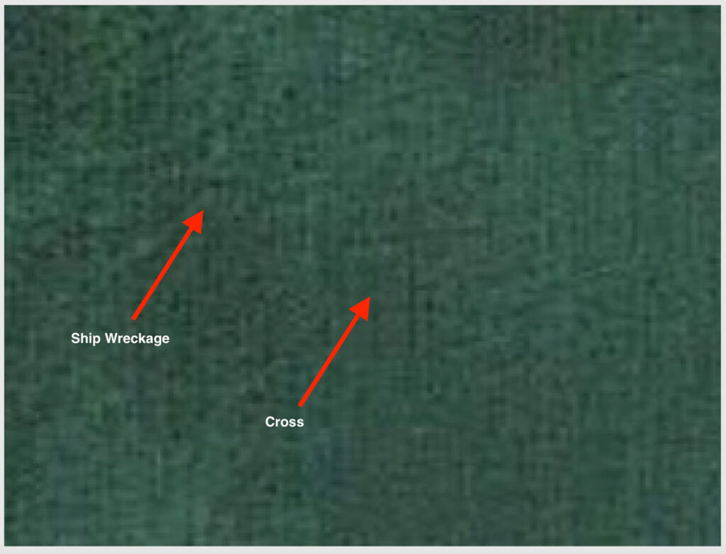 satellite imagery with points marked ship wreckage and cross