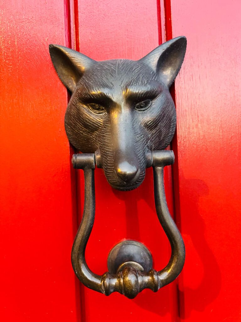 brass fox door knocker on red door