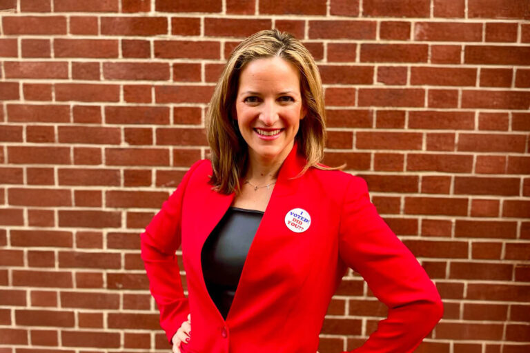 jocelyn benson with "I voted" pin