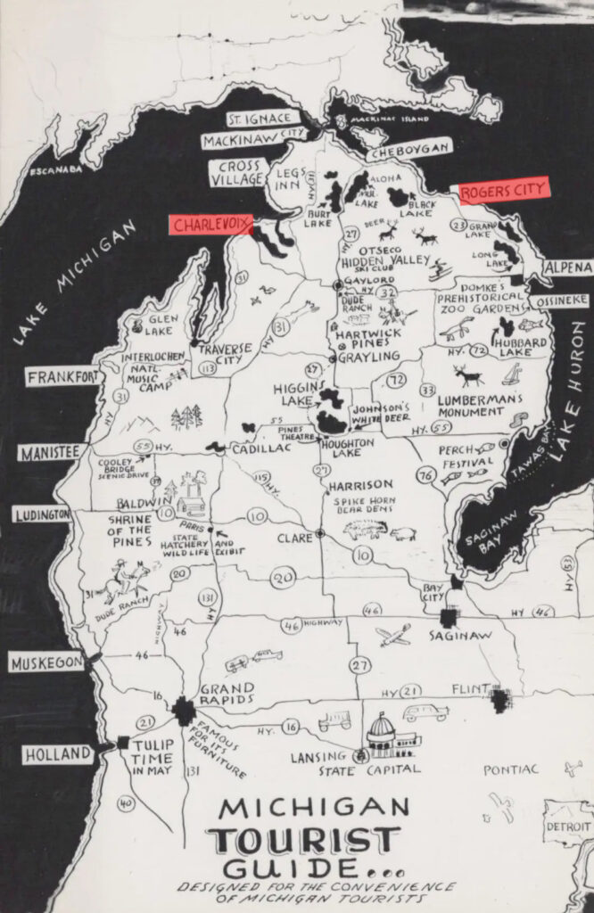 map of michigan with rogers city and charlevoix highlighted