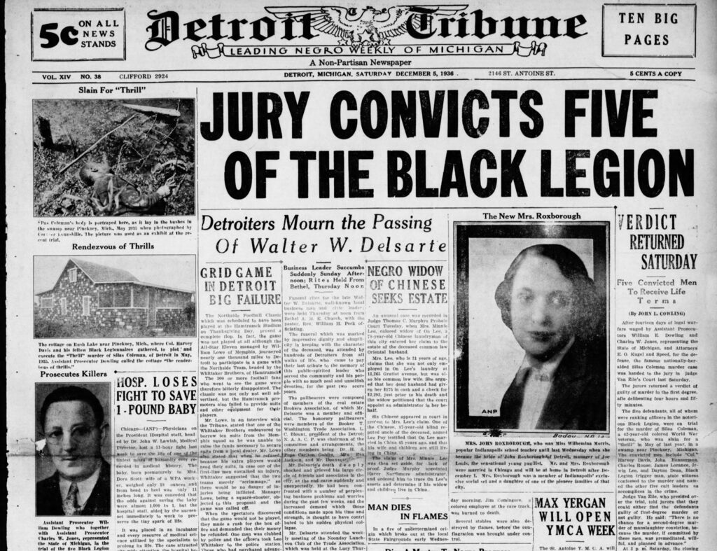 detroit tribune clipping with headline "jury convicts five of the black legion"