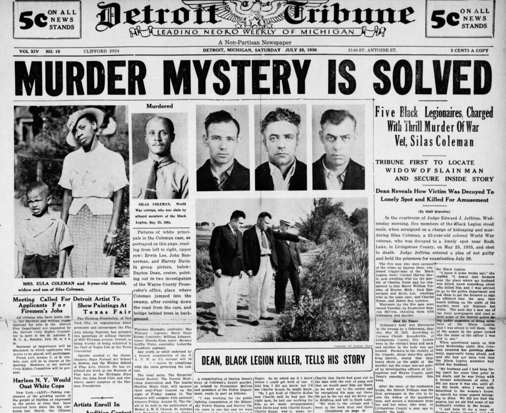 detroit tribune clipping with headline "murder mystery is solved"