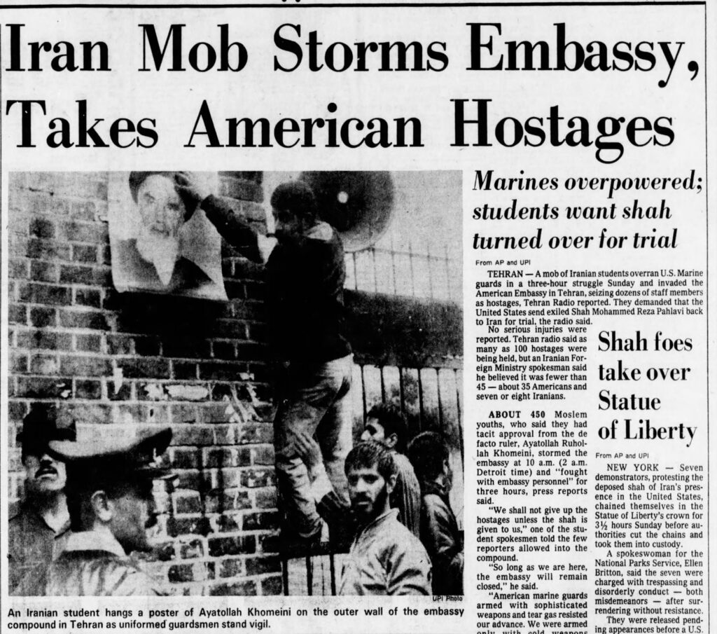 newsclipping with headline "Iran mob storms embassy, takes american hostages"