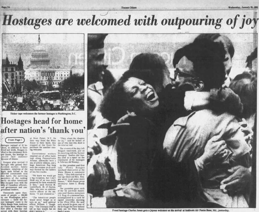 newsclipping reading "hostages are welcomed with outpouring of joy"