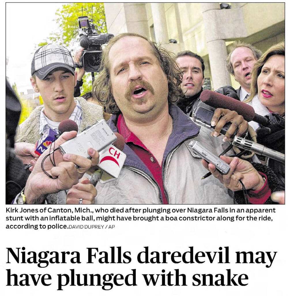 kirk jones with news headline reading "Niagar Falls daredevil may have plunged with snake"