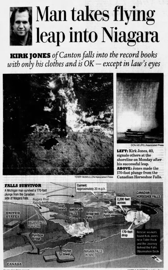 news clipping reading "man takes flying leap into Niagara"