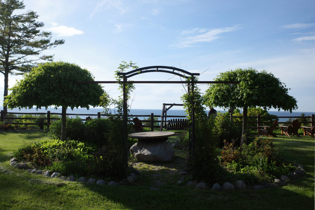 arbor in grass lawn