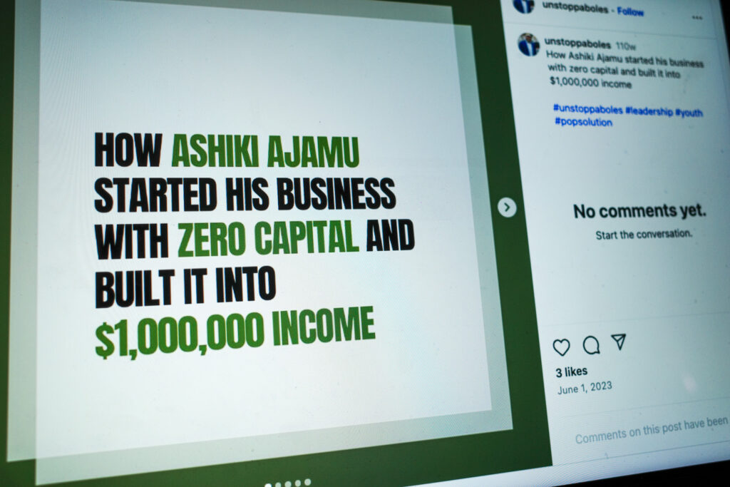 instragram screenshot of graphic reading "HOW ASHIKI AJAMU STARTED HIS BUSINESS WITH ZERO CAPITAL AND BUILT IT INTO $1,000,000 INCOME"
