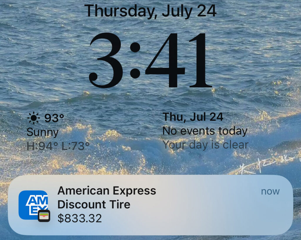 screenshot of American Express $833.32 charge notification