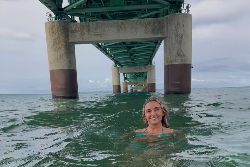 swimming under mackinac bridge