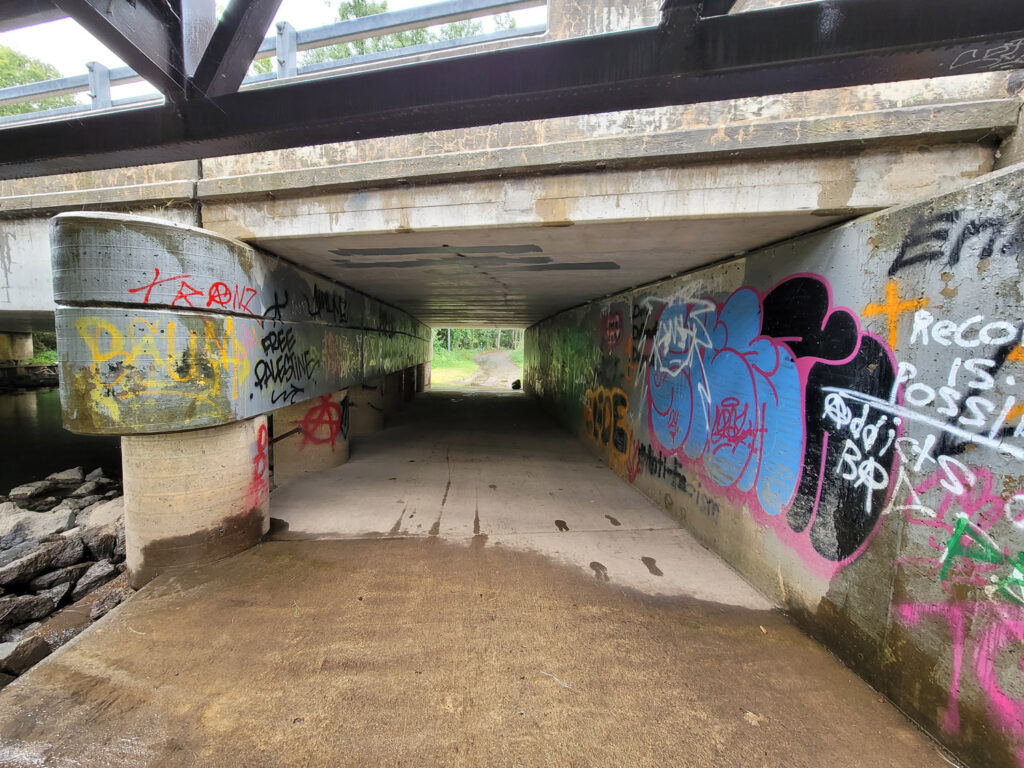 Lansing trail system with homeless encampments and graffiti