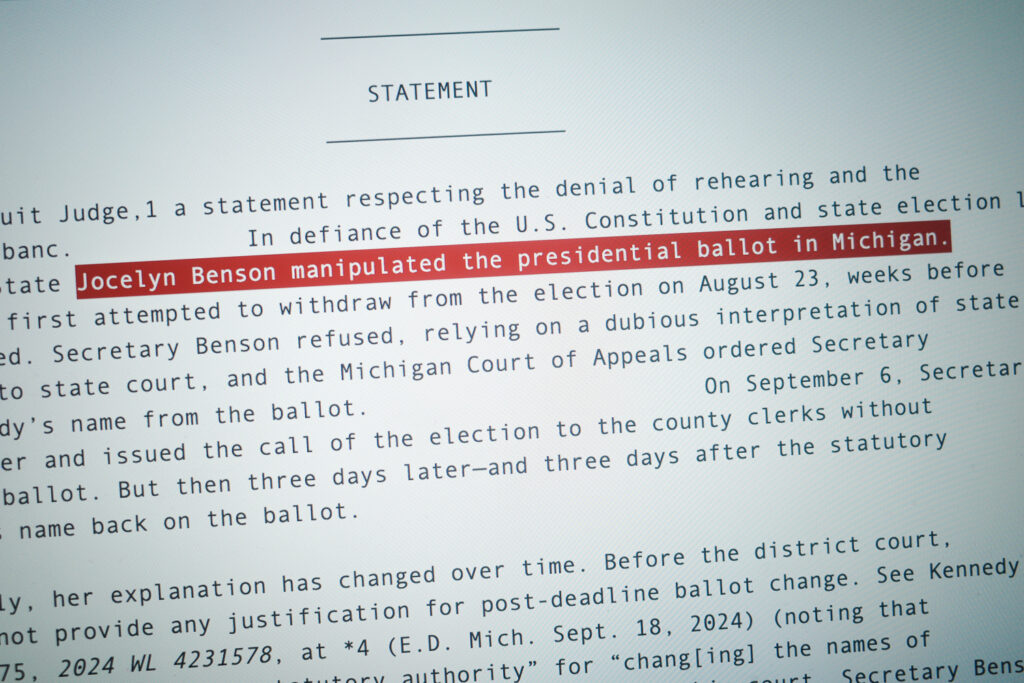 text highlighted reading "Jocelyn Benson manipulated the presidential ballot in Michigan."