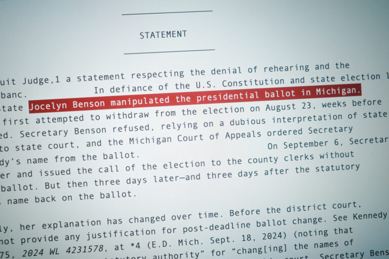 text highlighted reading "Jocelyn Benson manipulated the presidential ballot in Michigan."