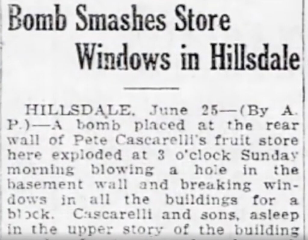 news clipping reading "bomb smashes store windows in hillsdale"