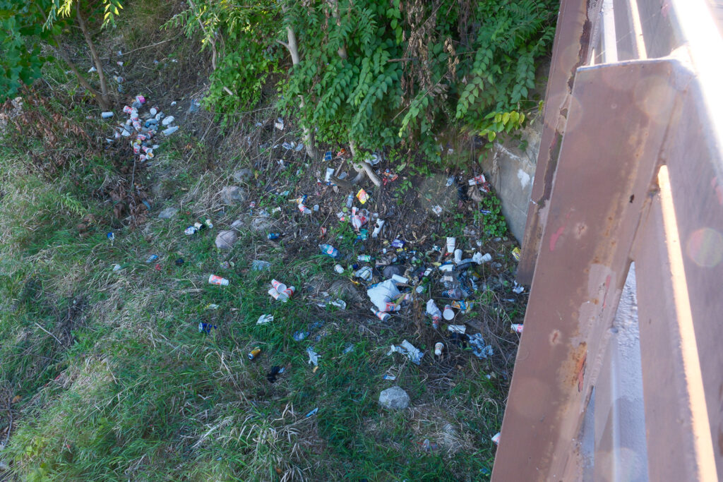 lansing fish ladder with needles and graffiti and trash