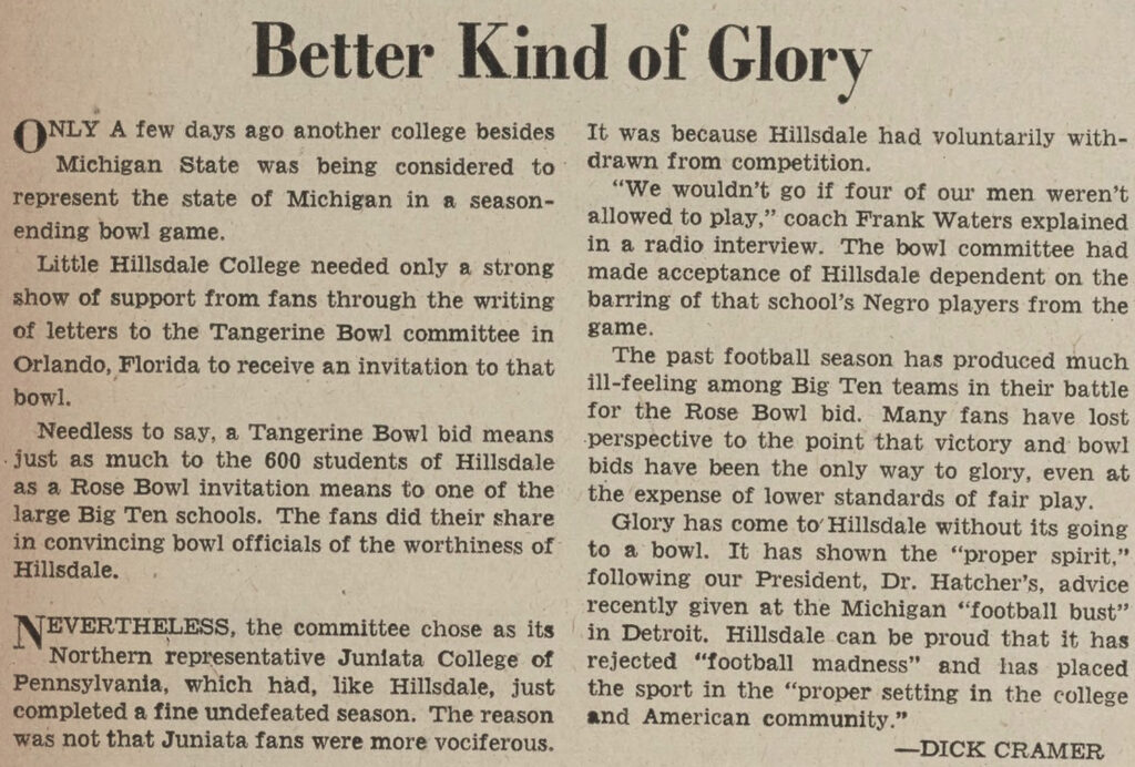 hillsdale college football players and headlines about tangerine bowl