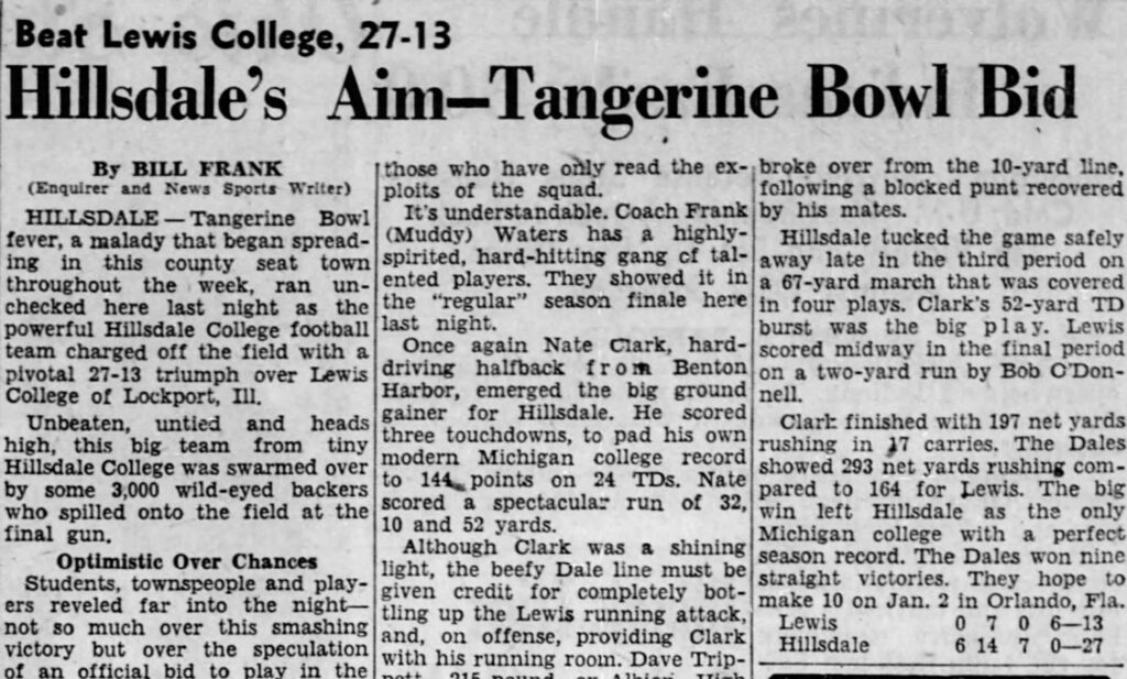 hillsdale college football players and headlines about tangerine bowl