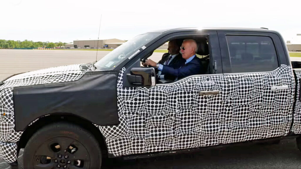 President Joe Biden driving a Ford F-150 Lightning