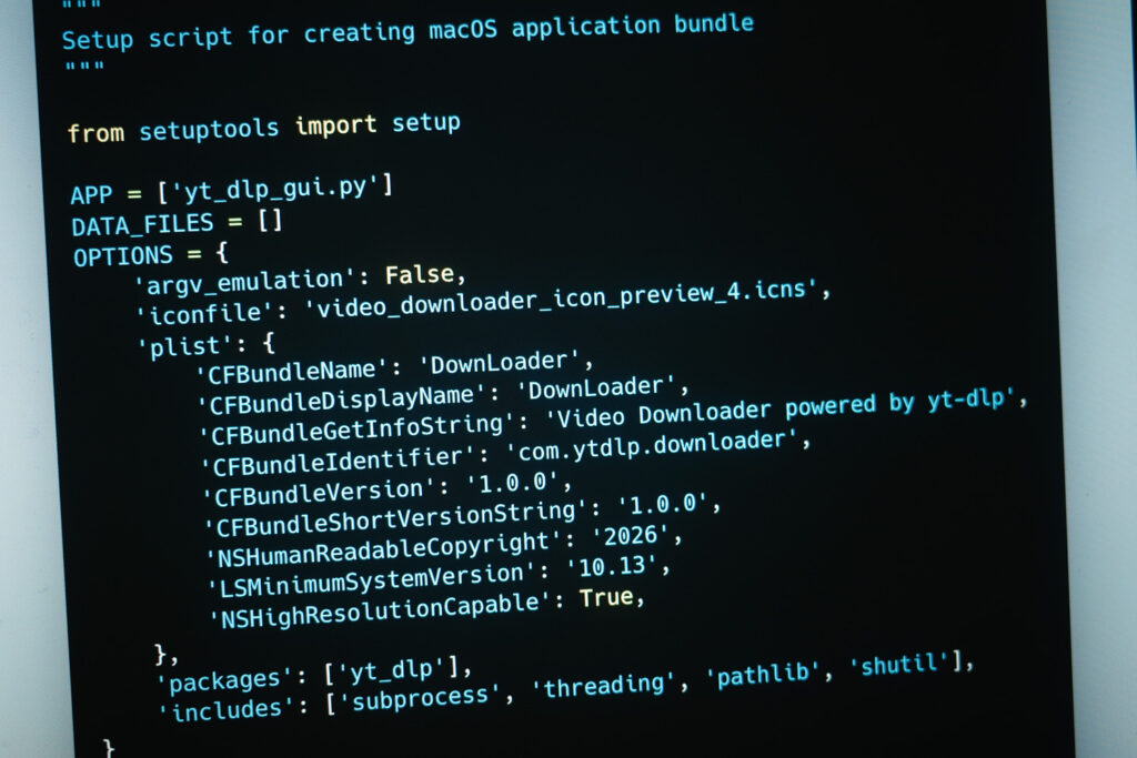 The image shows a code snippet for creating a macOS application bundle, including various configuration options like the app name, bundle identifier, and version information.