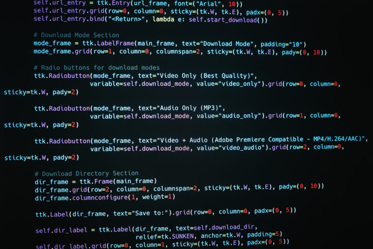 The image shows lines of code for a software application, including functions for downloading videos and audio, as well as a section for a download directory and save location.