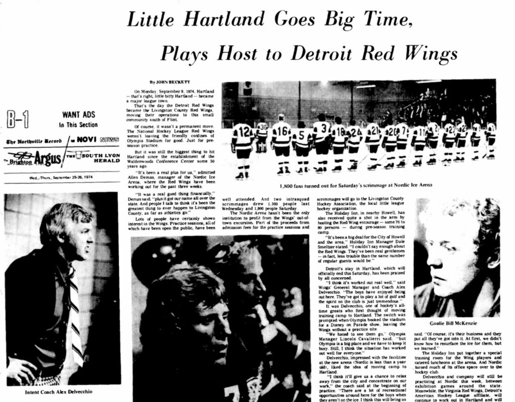 headline reading "little hartland goes big time, plays host to detroit red wings"