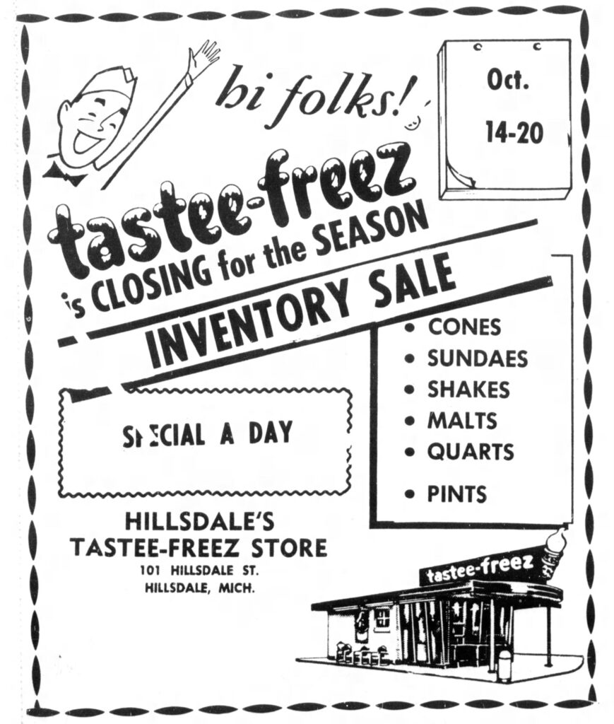 Vintage newspaper ad for an inventory sale at Hillsdale's Tastee-Freez store, listing menu items and sale dates from October 14-20.