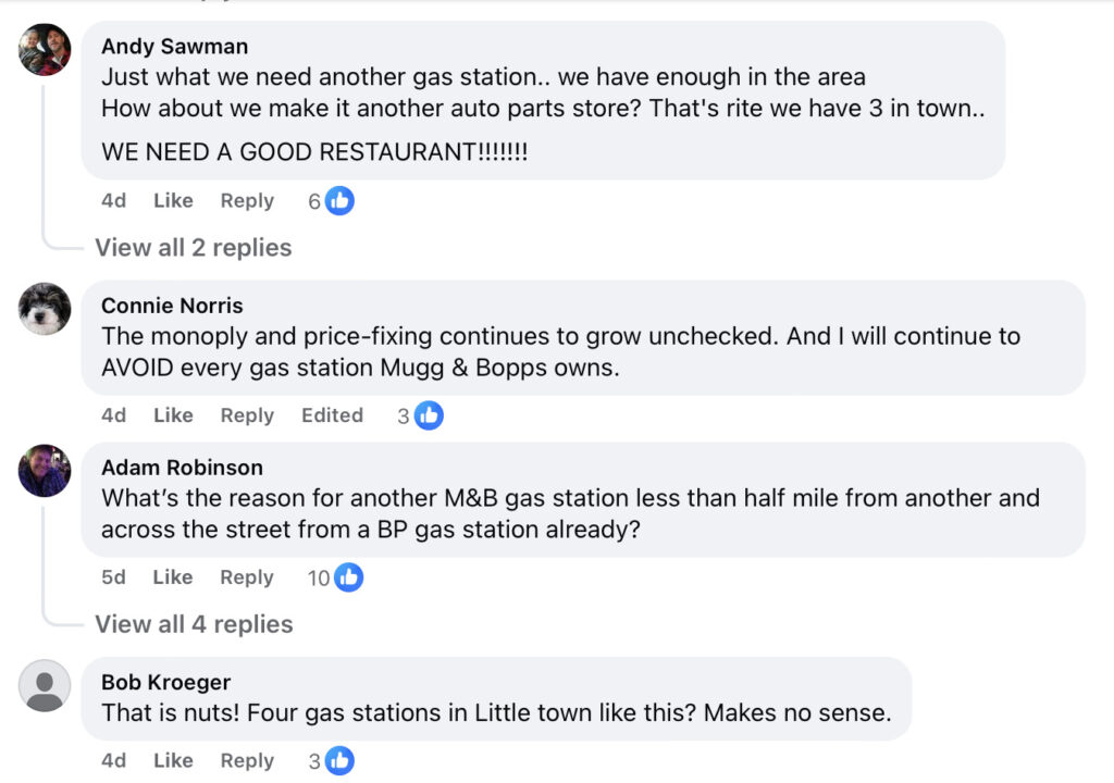 A social media conversation about gas station and restaurant options in a local town, with comments from users Andy Sawman, Connie Norris, Adam Robinson, and Bob Kroeger.