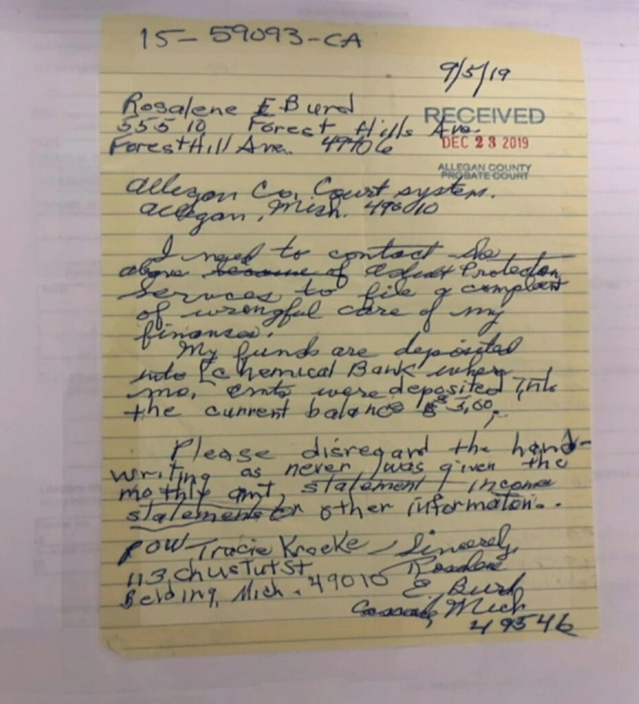 written letter from rose burd alleging financial abuse