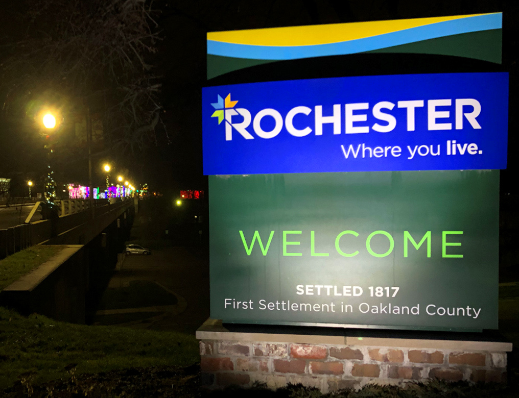 Welcome sign in Rochester, Michigan, a city first settled in 1817 as the first settlement in Oakland County.