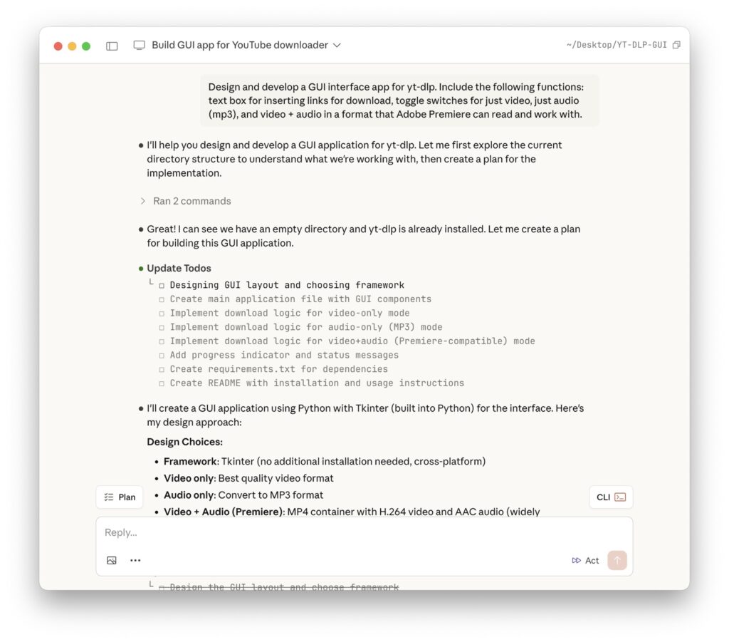 The image shows a graphical user interface (GUI) application for a YouTube downloader tool. It includes instructions for designing the GUI layout, implementing download logic, and creating various components.