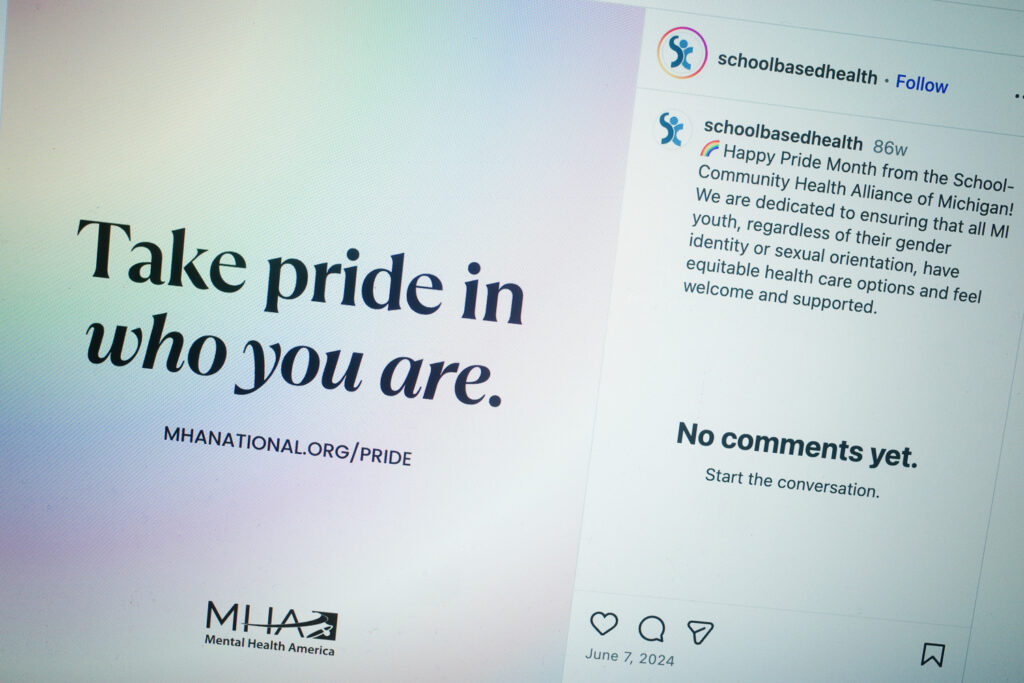 schoolbasedhealth instagram post reading take pride in who you are with caption "schoolbasedhealth 86w (r Happy Pride Month from the School-Community Health Alliance of Michigan! We are dedicated to ensuring that all MI youth, regardless of their gender identity or sexual orientation, have equitable health care options and feel welcome and supported."