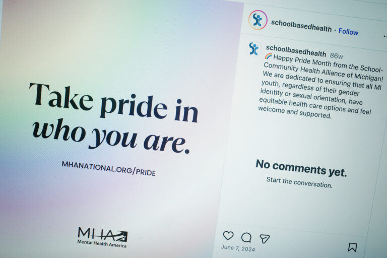 schoolbasedhealth instagram post reading take pride in who you are with caption "schoolbasedhealth 86w (r Happy Pride Month from the School-Community Health Alliance of Michigan! We are dedicated to ensuring that all MI youth, regardless of their gender identity or sexual orientation, have equitable health care options and feel welcome and supported."